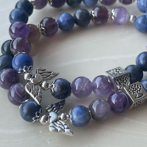 Amethyst sodalite Angel wings tree of life ONE NEW stretch bracelet beaded - Picture 3 of 11